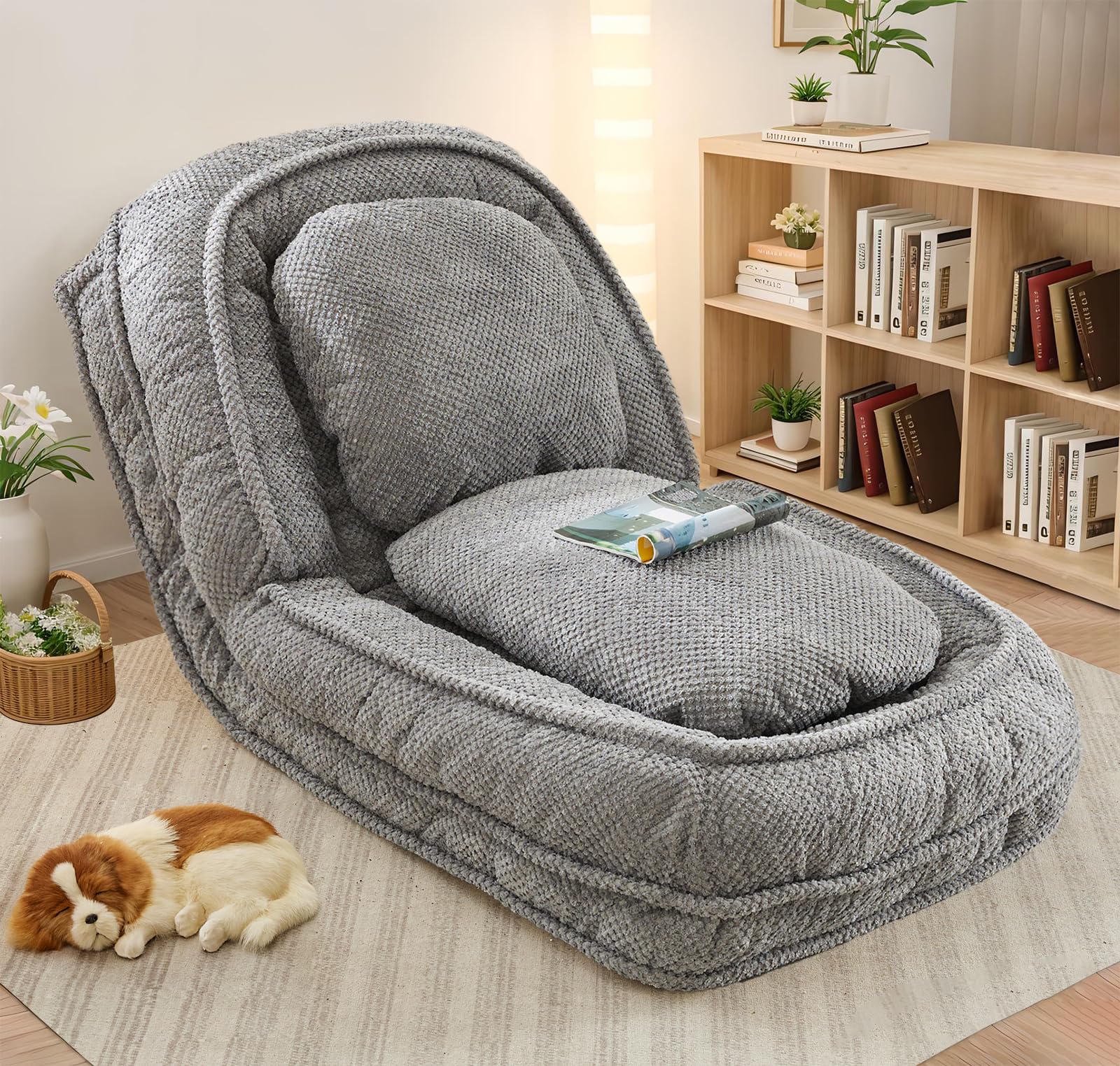 A human-shaped dog bed with a cushion for adults and pets, which can be converted into a recliner sofa bed. It has 5 adjustable positions. Suitable for bedrooms, living rooms or offices.
