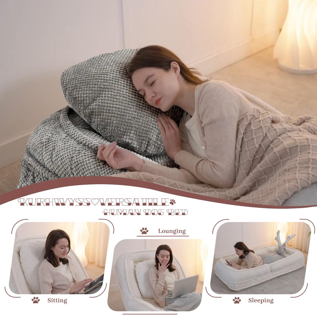 A human-shaped dog bed with a cushion for adults and pets, which can be converted into a recliner sofa bed. It has 5 adjustable positions. Suitable for bedrooms, living rooms or offices.