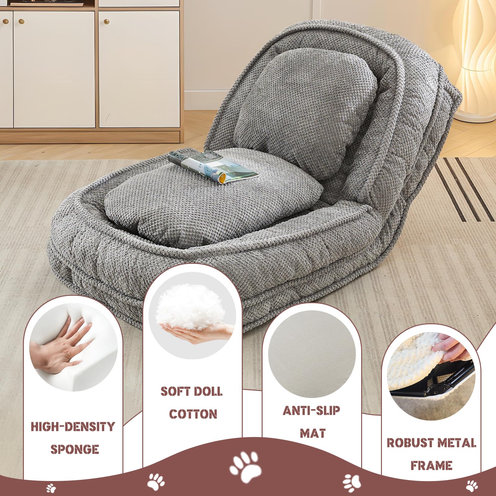 A human-shaped dog bed with a cushion for adults and pets, which can be converted into a recliner sofa bed. It has 5 adjustable positions. Suitable for bedrooms, living rooms or offices.