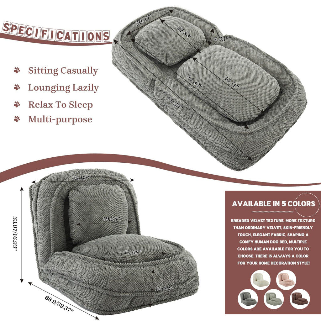 A human-shaped dog bed with a cushion for adults and pets, which can be converted into a recliner sofa bed. It has 5 adjustable positions. Suitable for bedrooms, living rooms or offices.