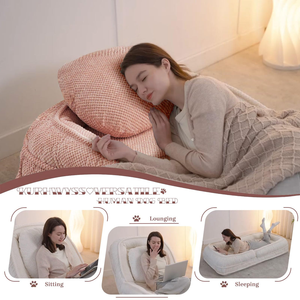 A human-shaped dog bed with a cushion for adults and pets, which can be converted into a recliner sofa bed. It has 5 adjustable positions. Suitable for bedrooms, living rooms or offices.