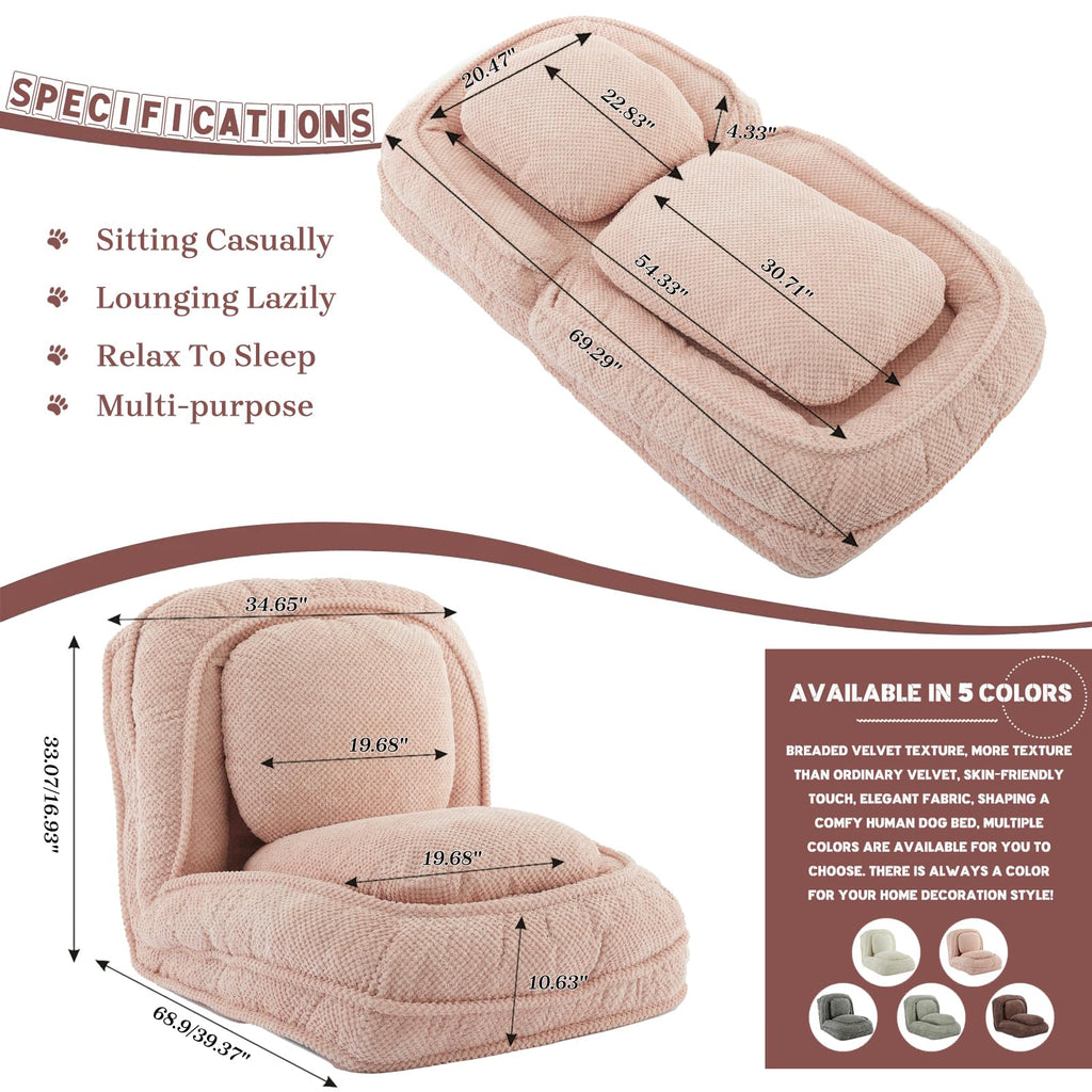 A human-shaped dog bed with a cushion for adults and pets, which can be converted into a recliner sofa bed. It has 5 adjustable positions. Suitable for bedrooms, living rooms or offices.