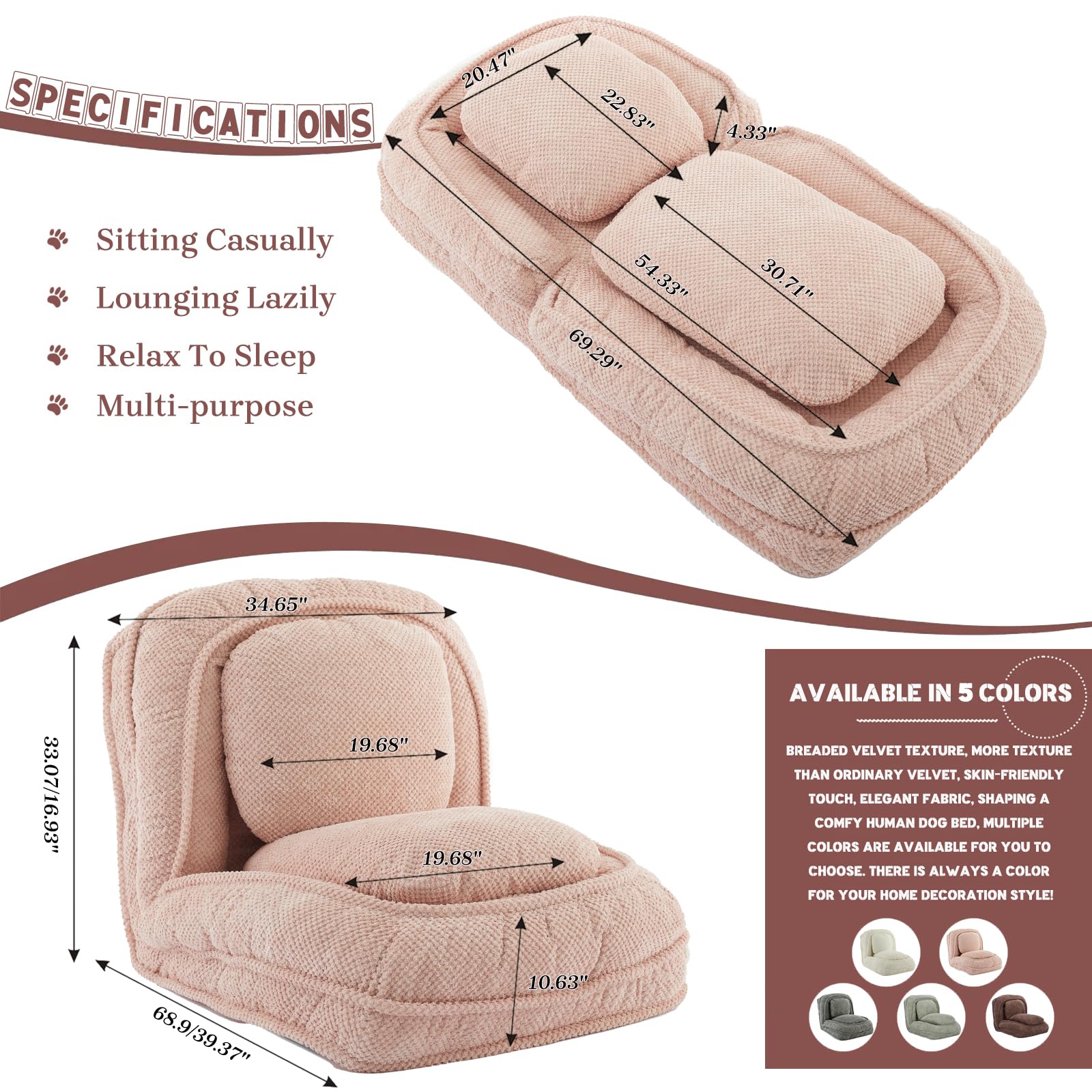 A human-shaped dog bed with a cushion for adults and pets, which can be converted into a recliner sofa bed. It has 5 adjustable positions. Suitable for bedrooms, living rooms or offices.